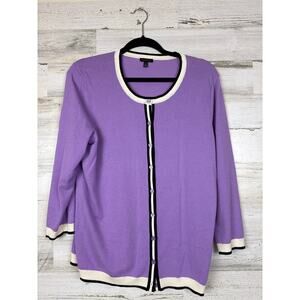 Talbots Womens L Purple Knit Crew Neck Cardigan Tri-Color Business Sweater
